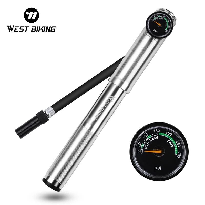 WEST BIKING Road Bike Pump 300 PSI Cycling Mini Pump Tire Inflator With Air Hose Pressure Gauge Aluminum Alloy MTB Fork Pump