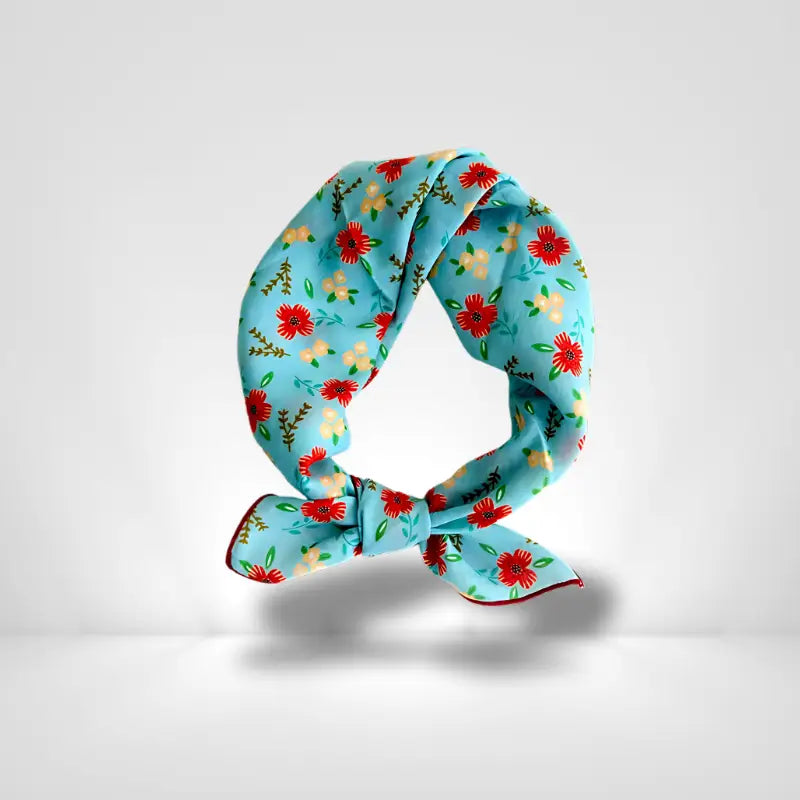 Sciarpa per capelli in cotone blu con fiore rosso